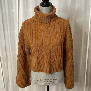 WAYF Camel Crop Cable Knit Turtleneck  Sweater Wide Sleeve, Size S